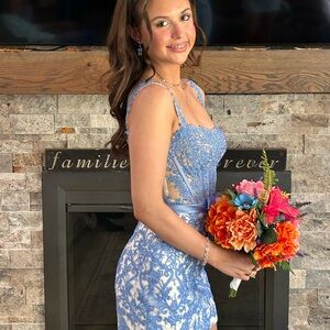 Sherri Hill Blue Floral Mini Dress with front bow